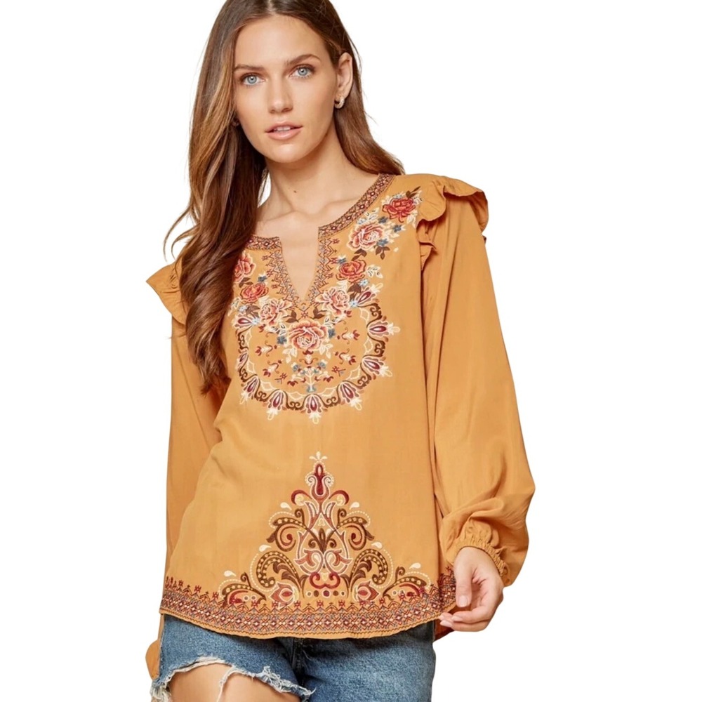 Savanna‎ Jane Mustard Yellow Boho Embroidered Ruffle Shoulder Blouse Medium NEW